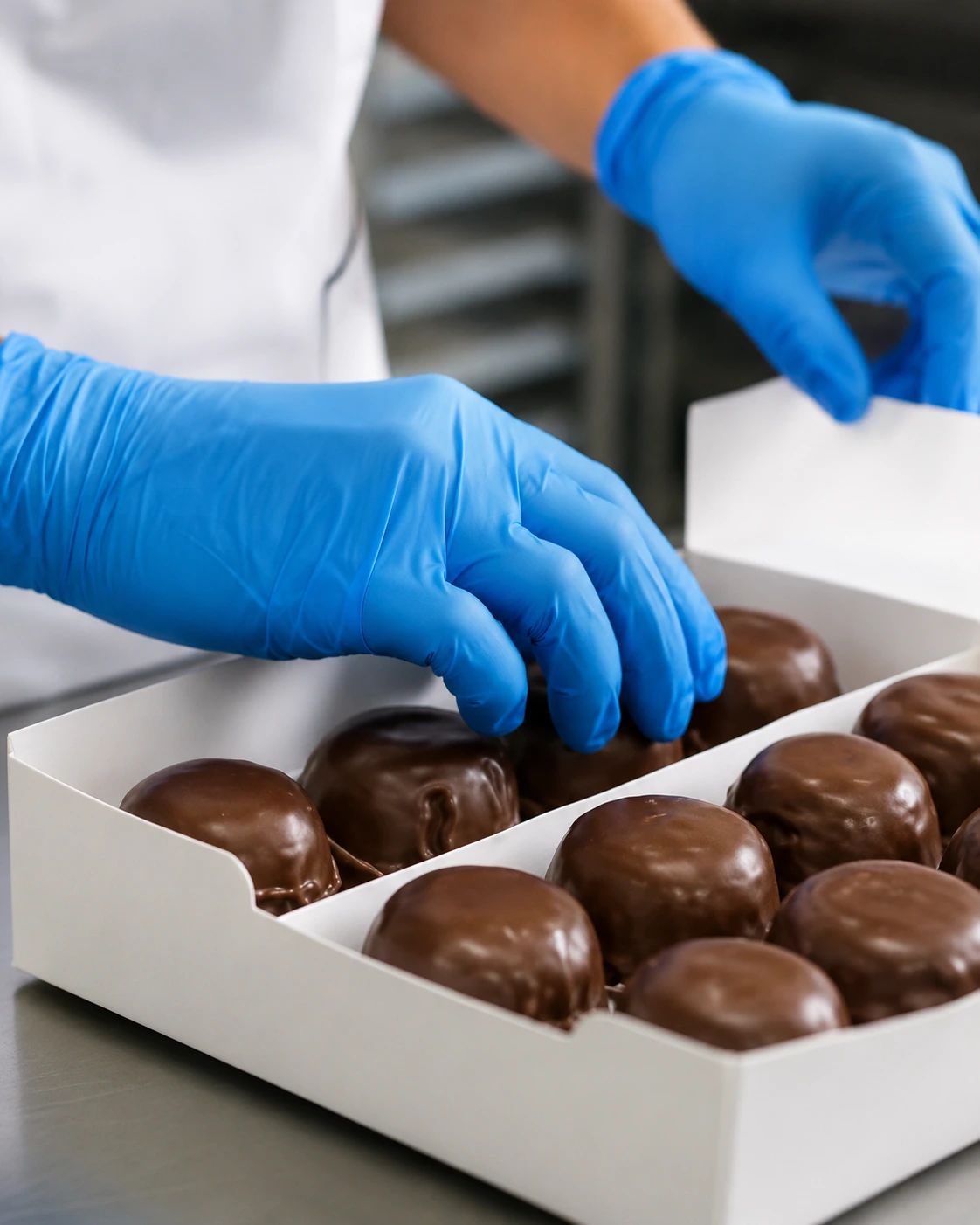 Profissional organizando sobremesas cobertas com chocolate para fornecimento ao foodservice